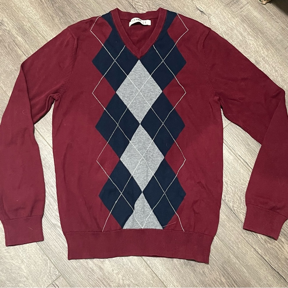 maroon argyle with blue, gray, and white details cotton long sleeve sweater